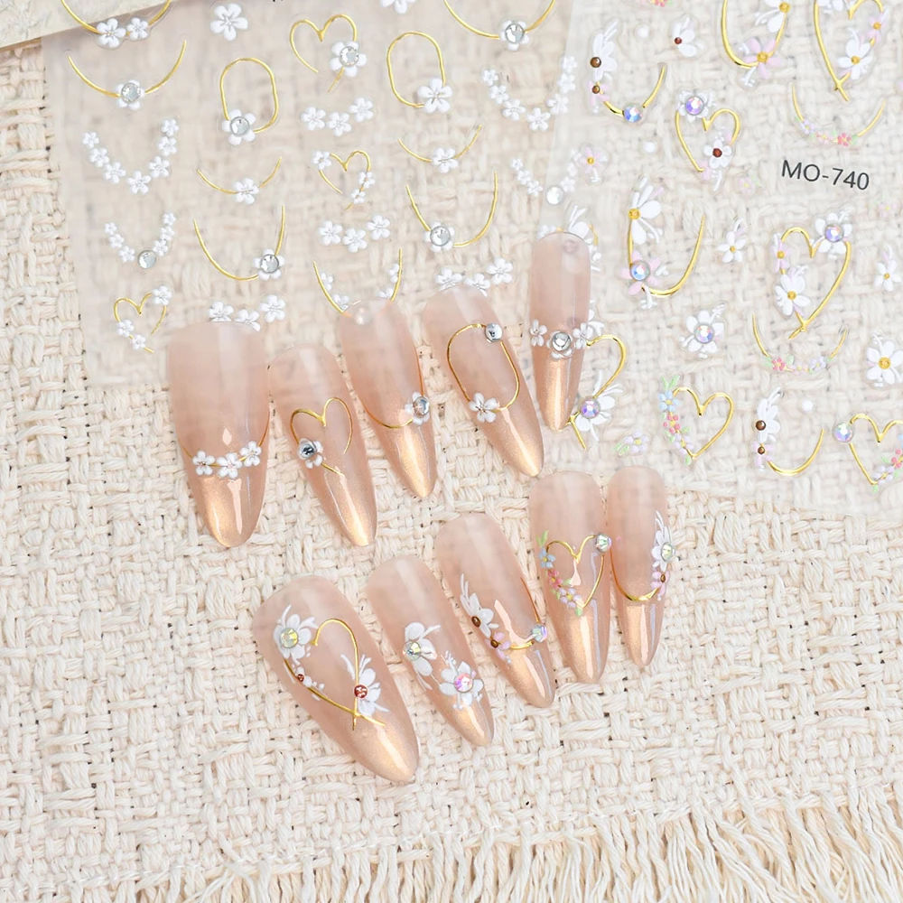 4 Stück Diamant-Blumen-Nagelaufkleber, 3D-Nageldekoration für Frühling und Sommer, Gold-Silber-Linie, Liebesherz, Edelsteine, französische Nageldesigns 3f4ed