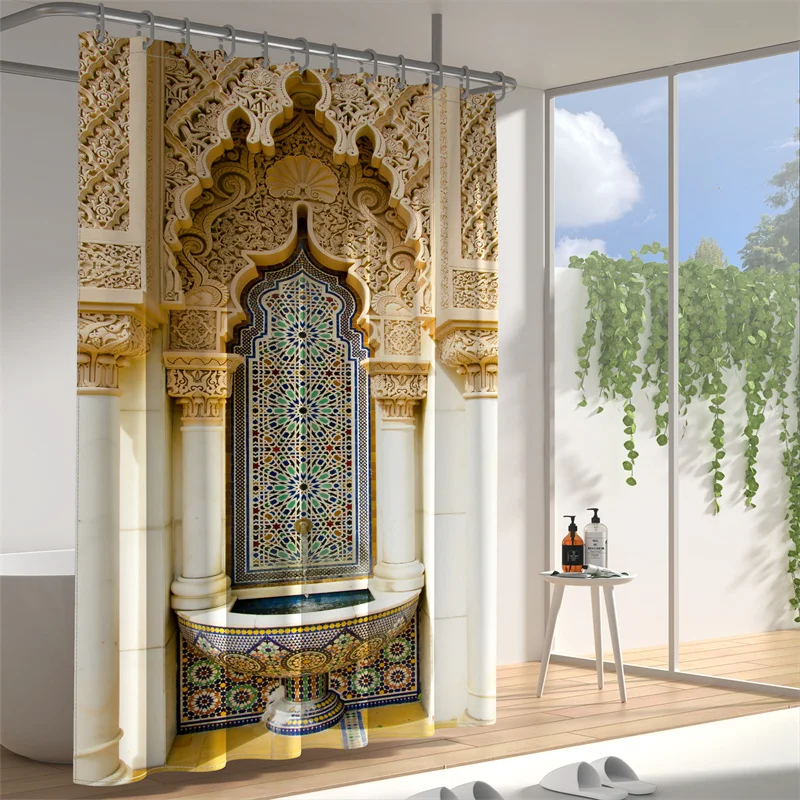 Moroccan Architecture Design Shower Curtain Garden Decorative Curtains Waterproof Fabric Bath Curtain with 12 hooks