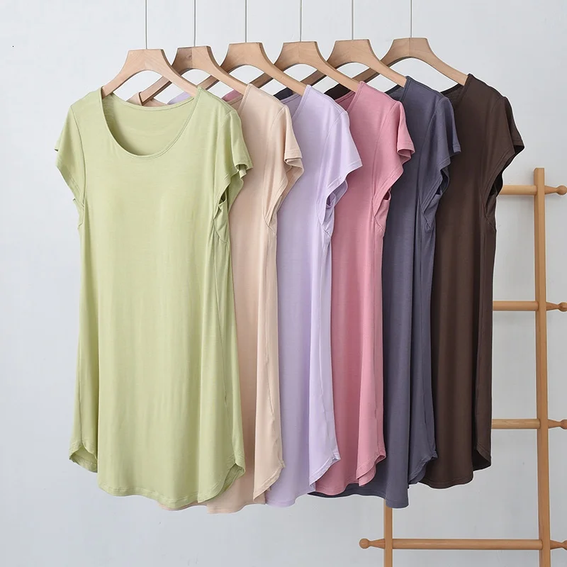 Camisola fina com almofada no peito para mulheres, camisolas modais, pijamas de manga curta, moda coreana, pijamas para verão