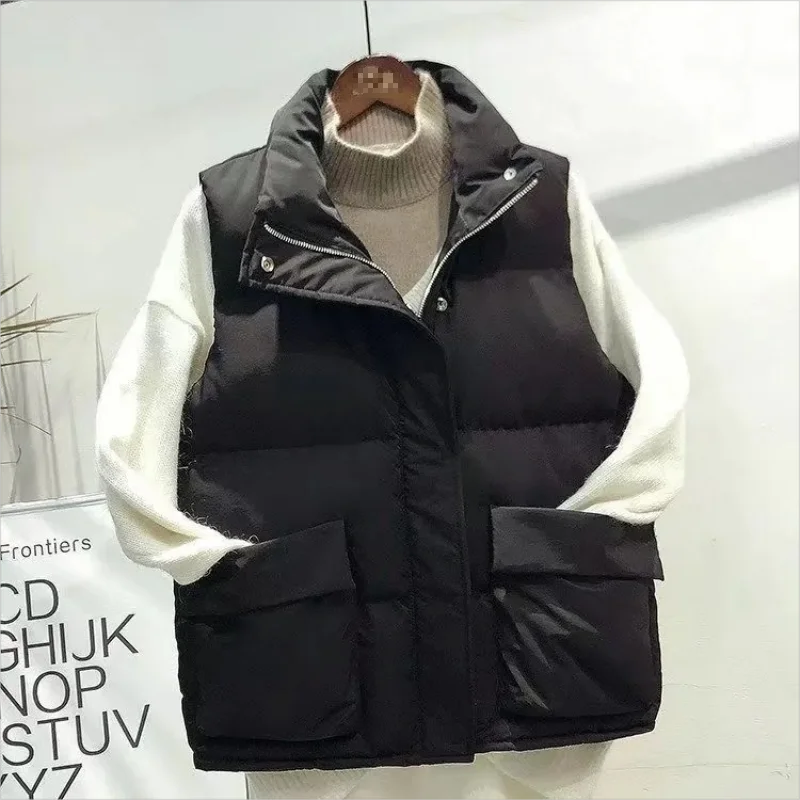 

New in Autumn Winter Women Cotton Vest Fashion Loose Stand Collar Sleeveless Pockets Thick Waistcoat Wearing Jacket Warm Clothe