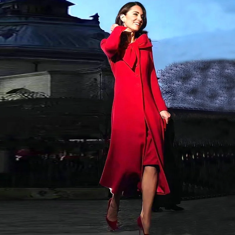 Kate Middleton Elegant Dresses Women Luxury Bow Designer Evening Coat Dress Long Sleeve Fall Autumn Winter Ladies Clothes Female