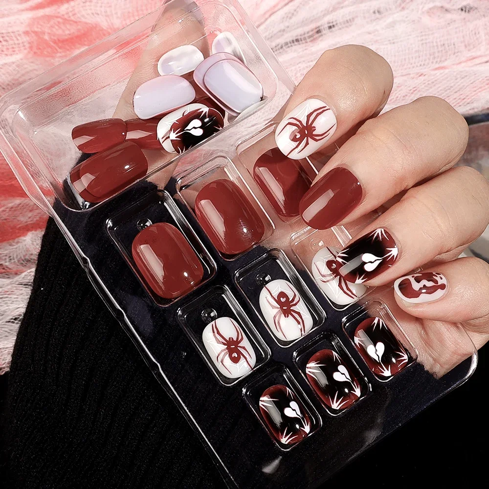 Halloween Red Spider Printed False Nails with 1g Glue Goth Style Short Round Press on Detchable Fake Nail for Girls 24 Pcs/box