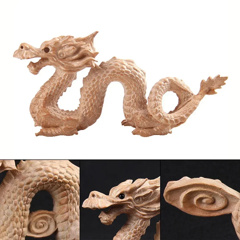 Feng Shui Carved Natural Wood Dragon Statue Sculpture Animal Figurine Good Lucky  2024 New Year Dragon Decoration