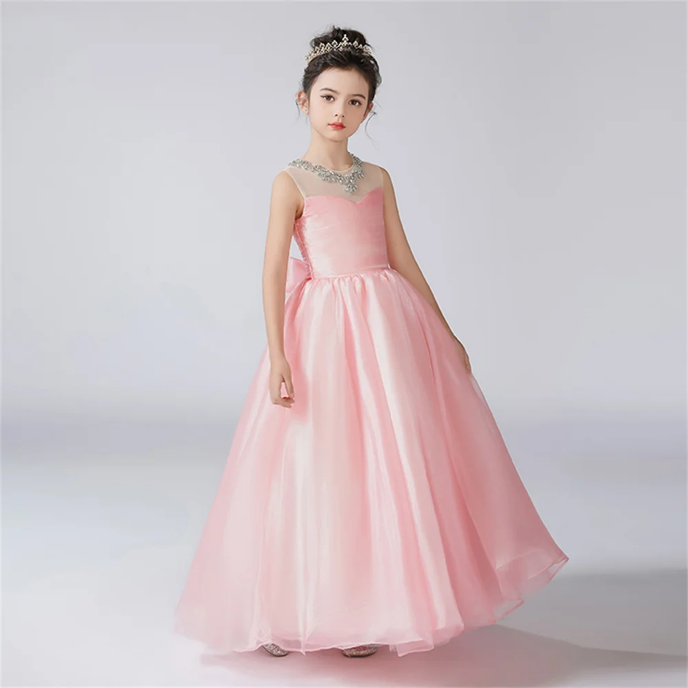 Dideyttawl Customized Organza Pleats O-Neck Dress For Girl Flower Girl Dresses Sleeveless Kids Birthday Formal Princess Gowns