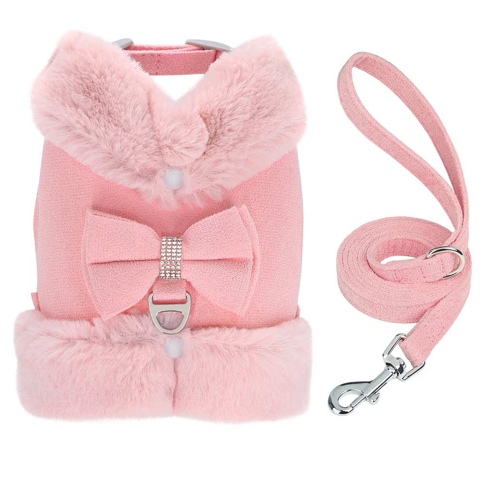 Warmes Fell Welpen Hunde geschirr Leine niedlichen Bowknot Hunde Katzen geschirre gepolsterte Haustier Weste mit passendem Führ strick für Hunde Katzen Winter – Detail 8