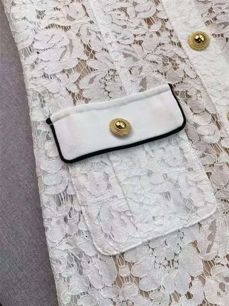 Women's Lace Lapel Dress Short Sleeve Single Breasted Pocket Decorated Mini Dress