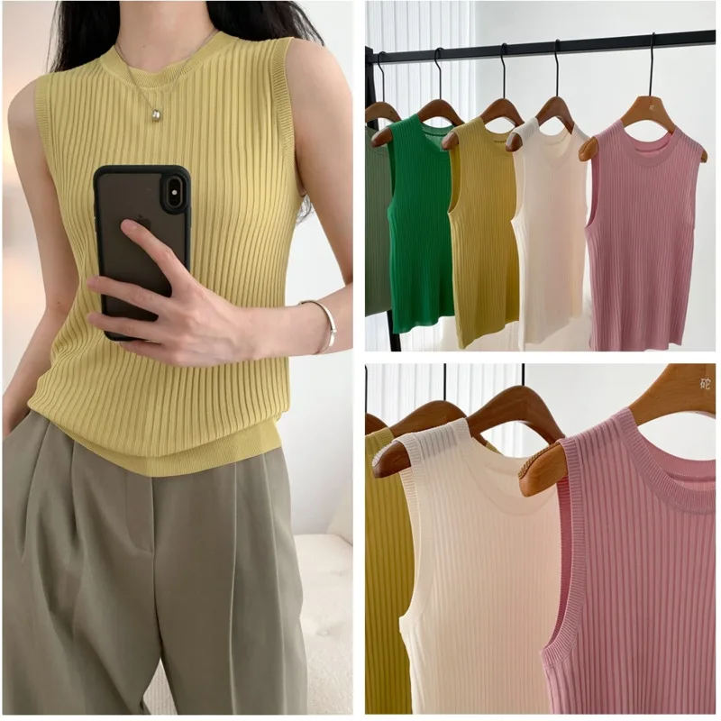 

Summer Sleeveless Knitted Women Tank Tops Round Neck Ice Beaded Material Thin Candy Color Slim Knitted T-shirt Solid Basic Tops