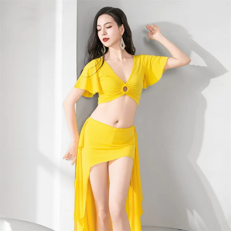 كريستال القطن 2 قطعة الرقص الشرقي التدريب الزي قصيرة الأكمام أعلى تنورة طويلة الشرقية Caderines الحضرية الكبار ملابس رقص