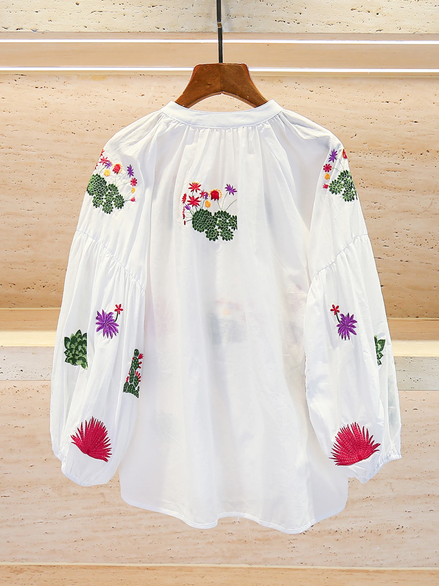 

Ele Women's Embroidered irt Spring Design Belted Lantern Sve Top Comfortable Loose Fit Long Sve round Ne