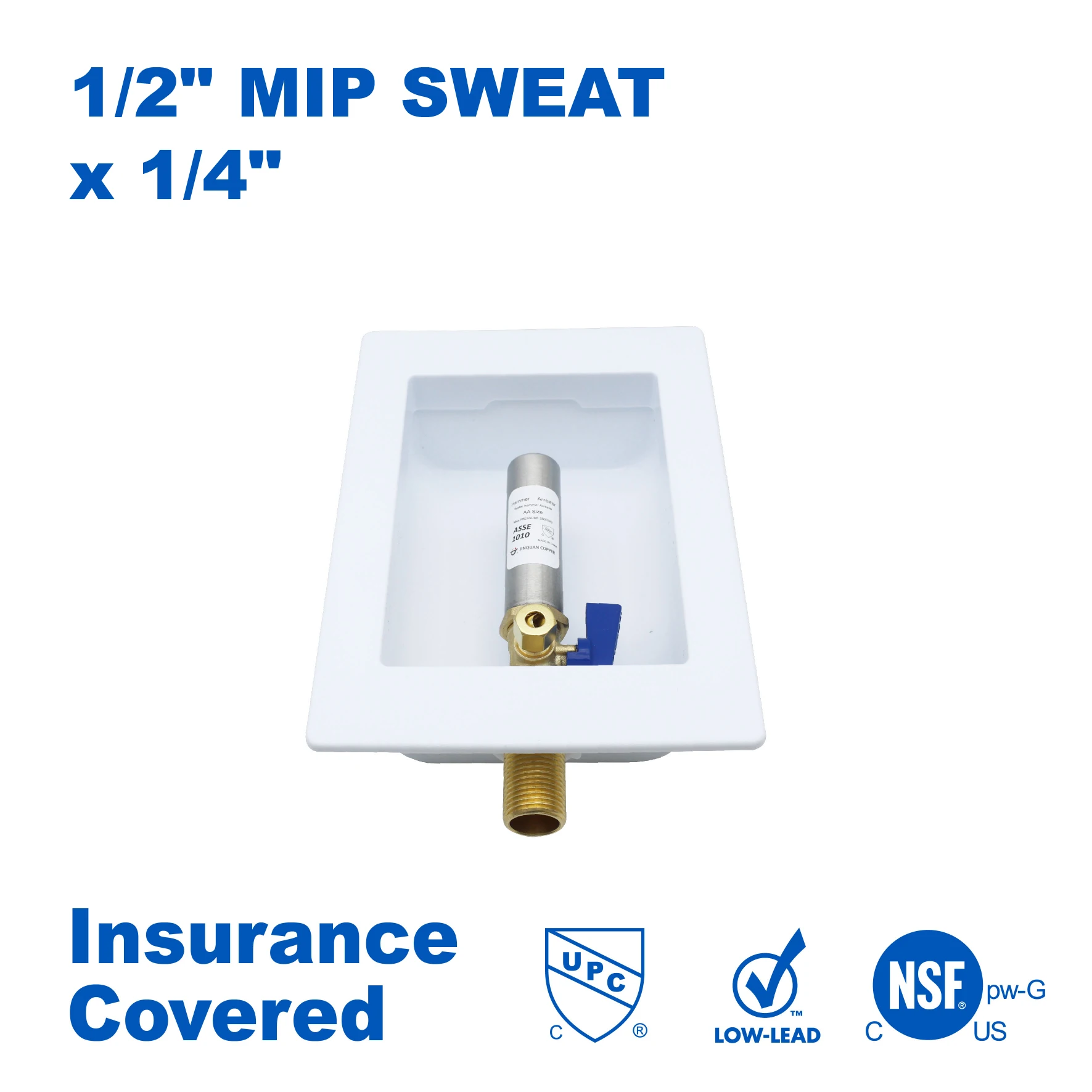 

KING SMART Ice Maker Outlet Box with SS Water Hammer Arrestor; 1/2" MIP Sweat 1/4" Comp. OD outlet, 1/4 Turn; 1 Pcs/Case; 81207