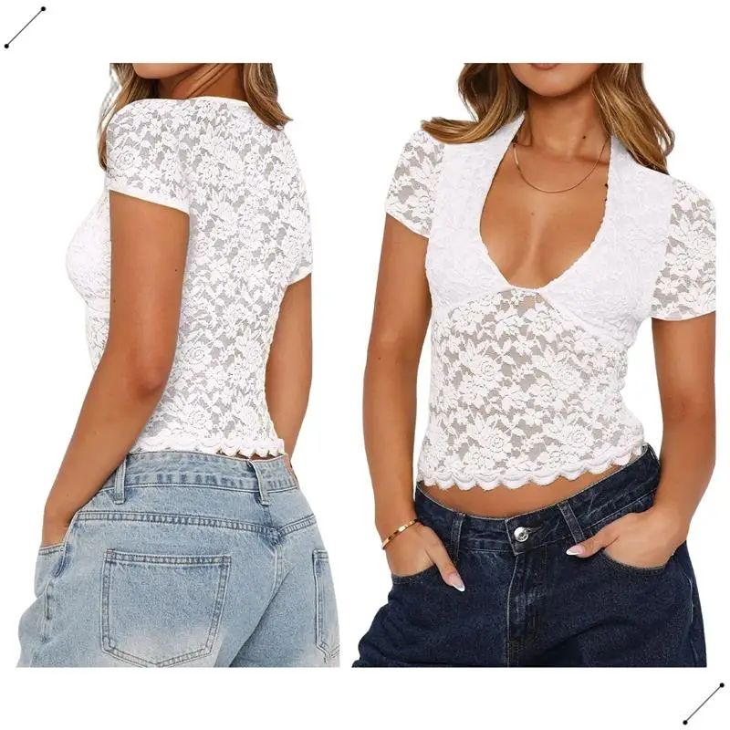 Women's Lace Short Sleeve Shirt Low Cut Y2K Slim Fit Top Going Out Club Concert Clothes