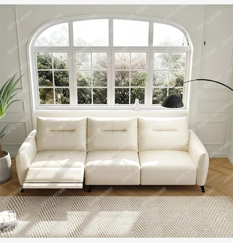 

A Electric Sofa Leather First Layer Cowhide Living Room Modern Cream Wind Multi-functional Leather Art Three People