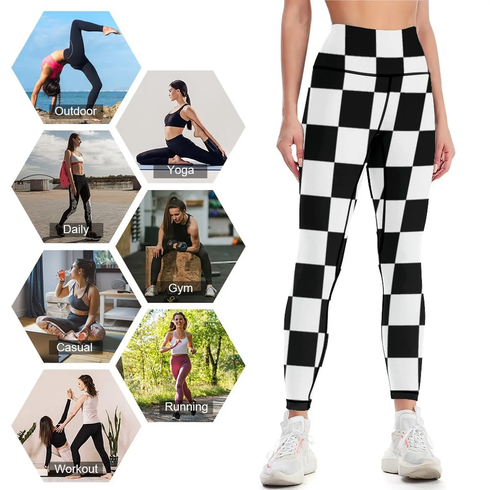 Celana legging wanita, hitam dan putih, kotak-kotak bendera Motorsports Race Day + legging catur, celana legging fitness Wanita