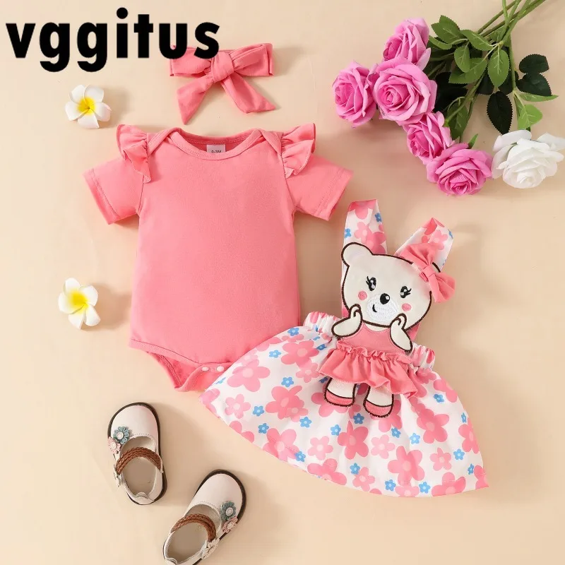 New Summer Baby Girl Sets Cute Short Sleeved Bodysuit+Butterfly Bow Flower Bear Suspender Skirt Children Outfits A3010