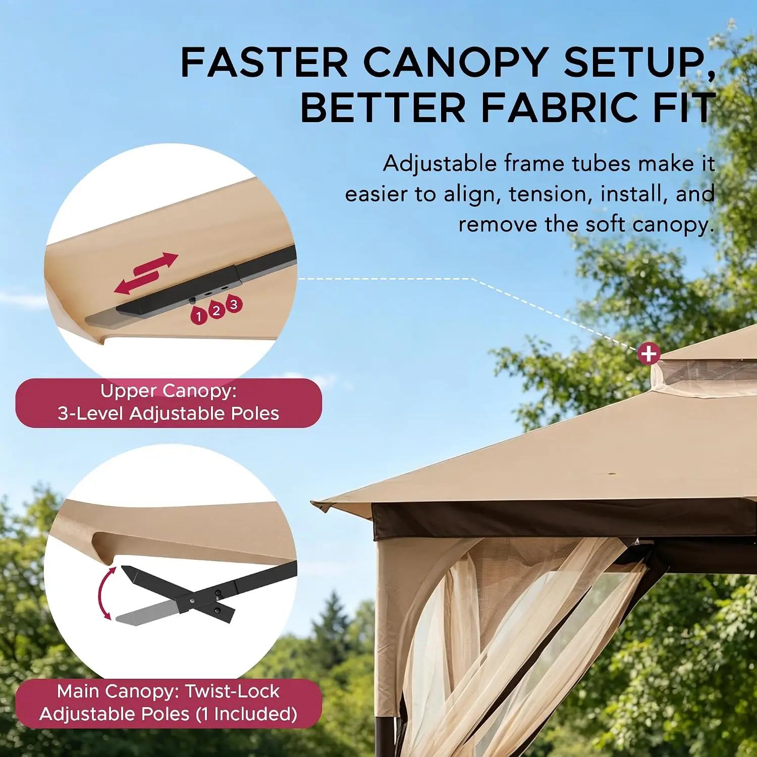 9ft x 9ft 2Tier Canopy Gazebo Steel Frame Soft Top Ceiling Hook Mosquito Netting Tan Brown