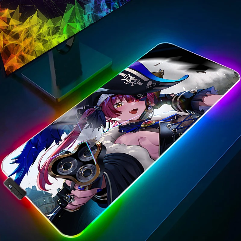

RGB Mouse Pad gamer Large LED Keyboard NonSlip Rubber Computer Carpet Desk Mat PC Gamer 90x40 H-hololive Houshou Marine MousePad
