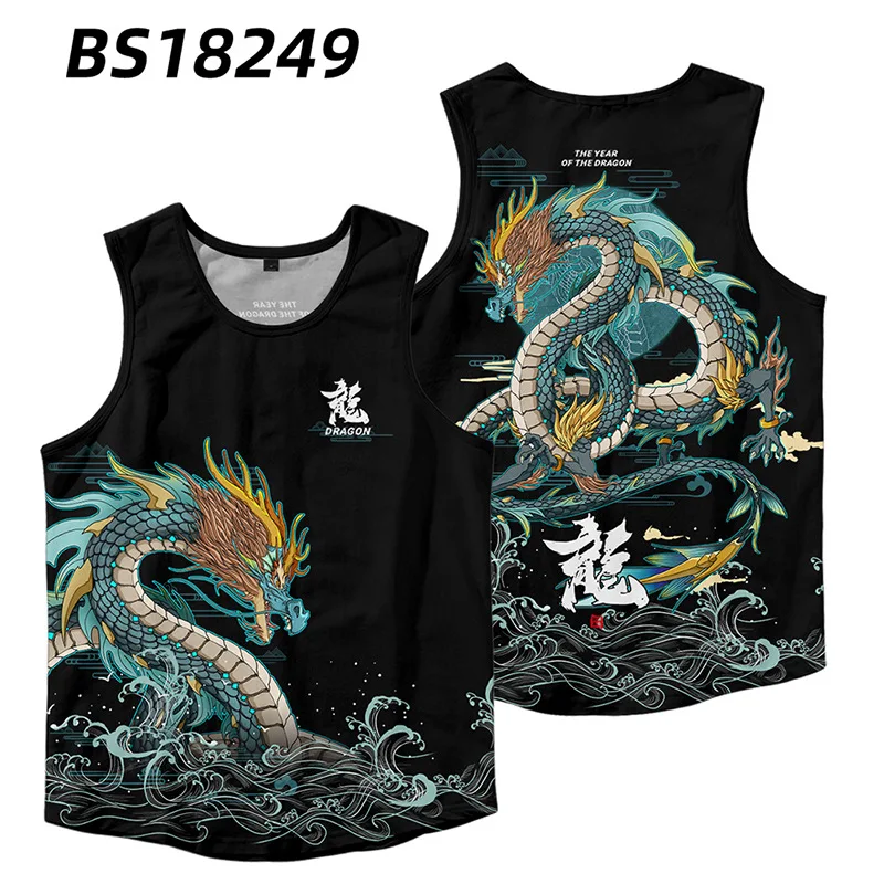 Anime Dragon Print Tank Tops Sleeveless Shirt Sportswear Vest Japanese Casual Singlet Plus Size Mesh Tops Men Gym Clothing