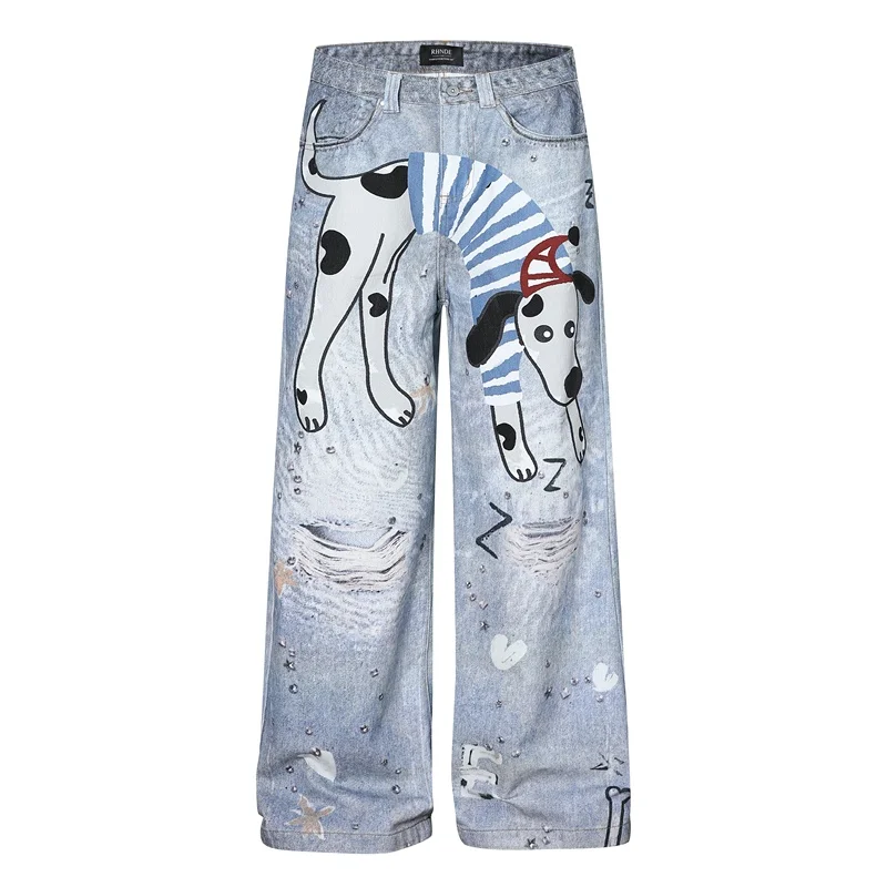 

GXFortune American Retro Design Dog Print Jeans Loose Straight Leg Floor-Length Trousers ex Comfortable Fit Denim Jeans