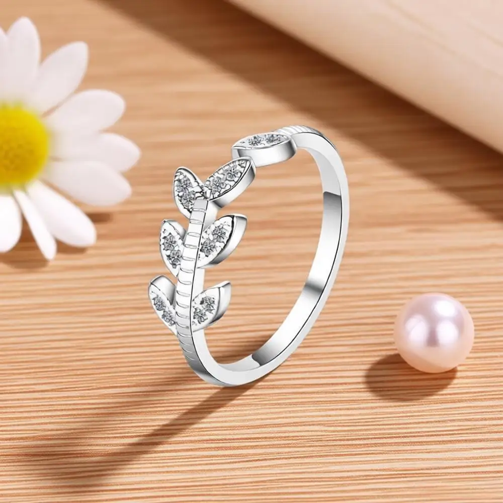 Exquisite 925 Sterling Silver Leaf Shape Crystal Zircon Open Adjustable Rings for Women Girls Anniversary Party Jewelry Gifts