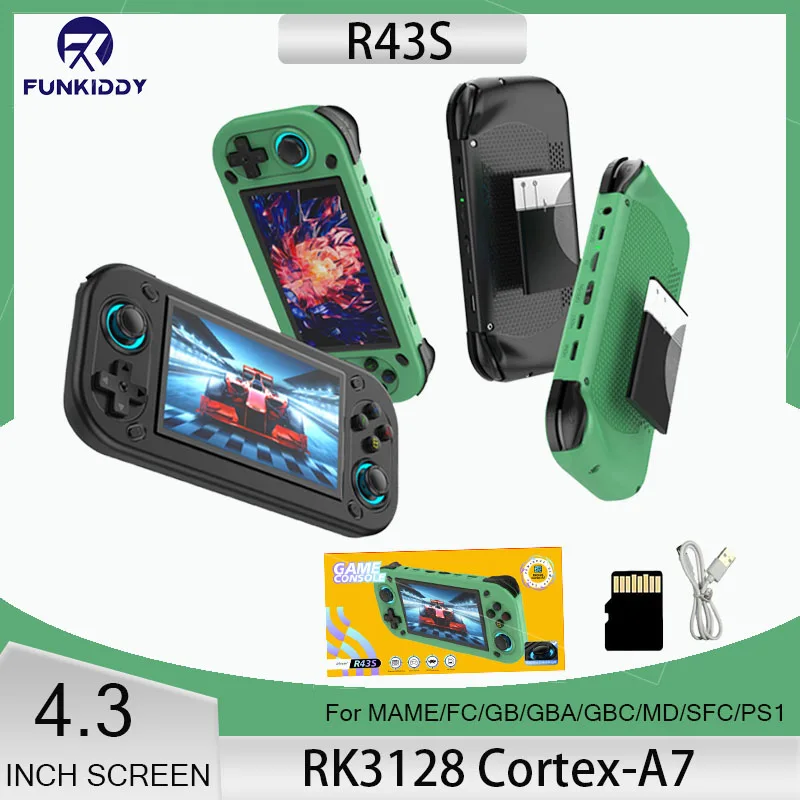 2025 جديد R43S ريترو وحدة تحكم ألعاب فيديو محمولة نظام لينكس 4.3 بوصة شاشة 1920*1080 مشغل فيديو جيب محمول HDMI خارج 64G