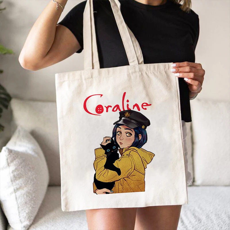 

Kawaii Coraline Girls Cartoon Women Shopping Bag Eco Canvas Shopper Bolsas De Tela Bag Shoping Reusable Sacolas Casual Handbag