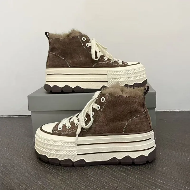 Winter pluche hoge laarzen voor dames konijnenbont hoge canvas schoenen voor dames Muffin Bottom verhoging dames boardschoenen