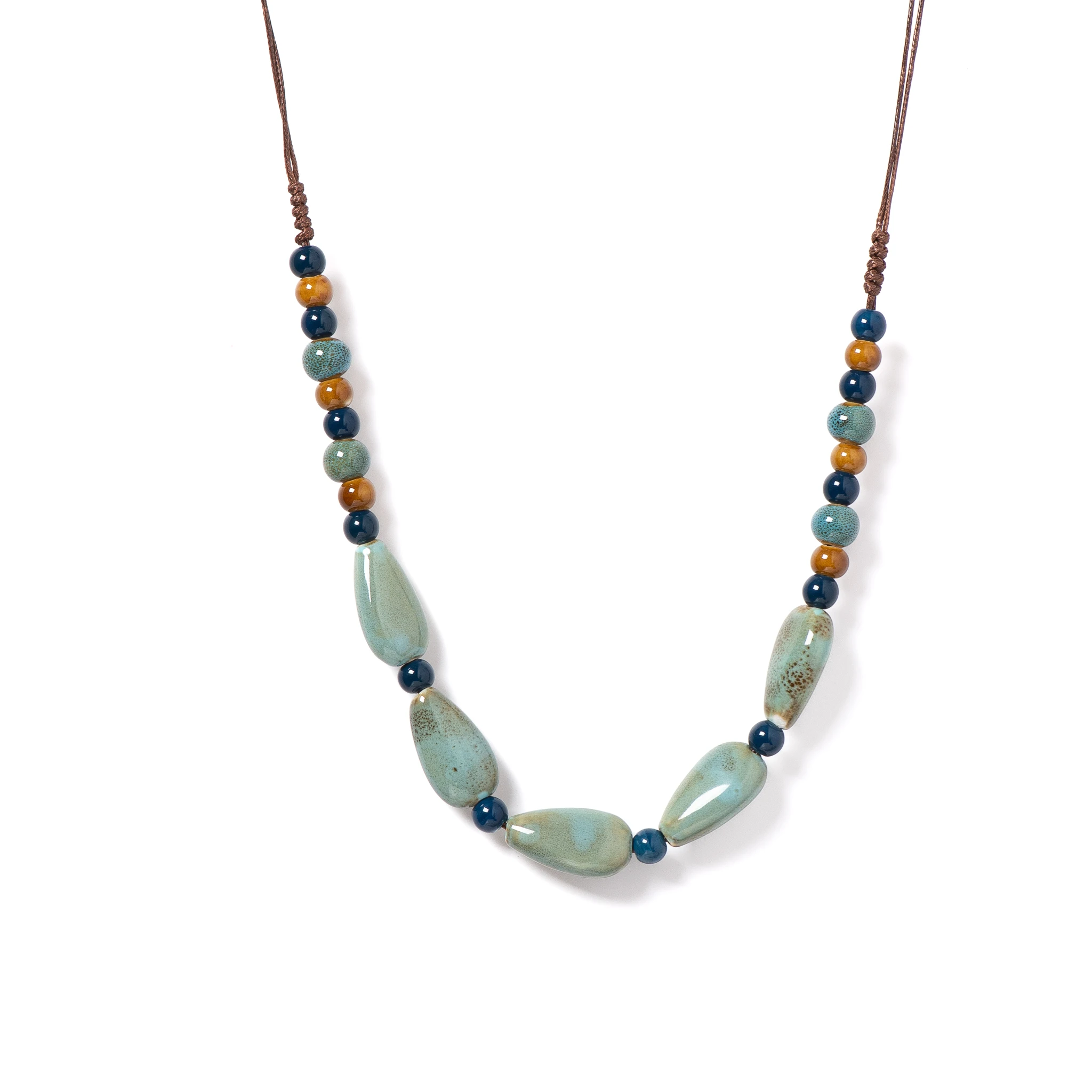 Handmade Ceramic Necklace Blue White Teardrop Bead Pendant Adjustable Boho Jewelry 1154