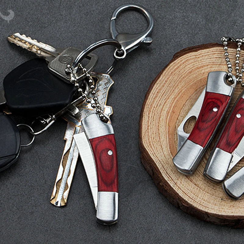 Foldable Knife Keychains Outdoor Barbecue Wooden Handle Fruit Knife Keyring Pocket Knife Key Chains Rings Stainless Steel Tools