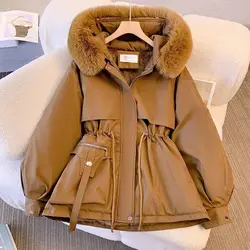 Giacca a vento donna inverno parka cappotti nuovo 2024 darwstring cotone imbottito giacche calde cappotto di pelliccia sintetica donna zip allentata con cappuccio parka