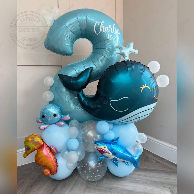 38 stücke Ozean Tier Themen Ballon Baby Blau Anzahl Geburtstag Ballon Set Cartoon Wal Hai Seepferdchen Ballon Party Dekoration – Detail 1