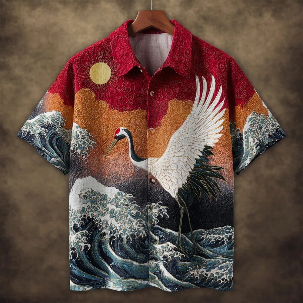 

Vintage Men's Shirts Chinese Style Red-crowned Crane Short Sleeved Shirts Short Sleeved Linen Shirt Casual Fashion Shirt Top