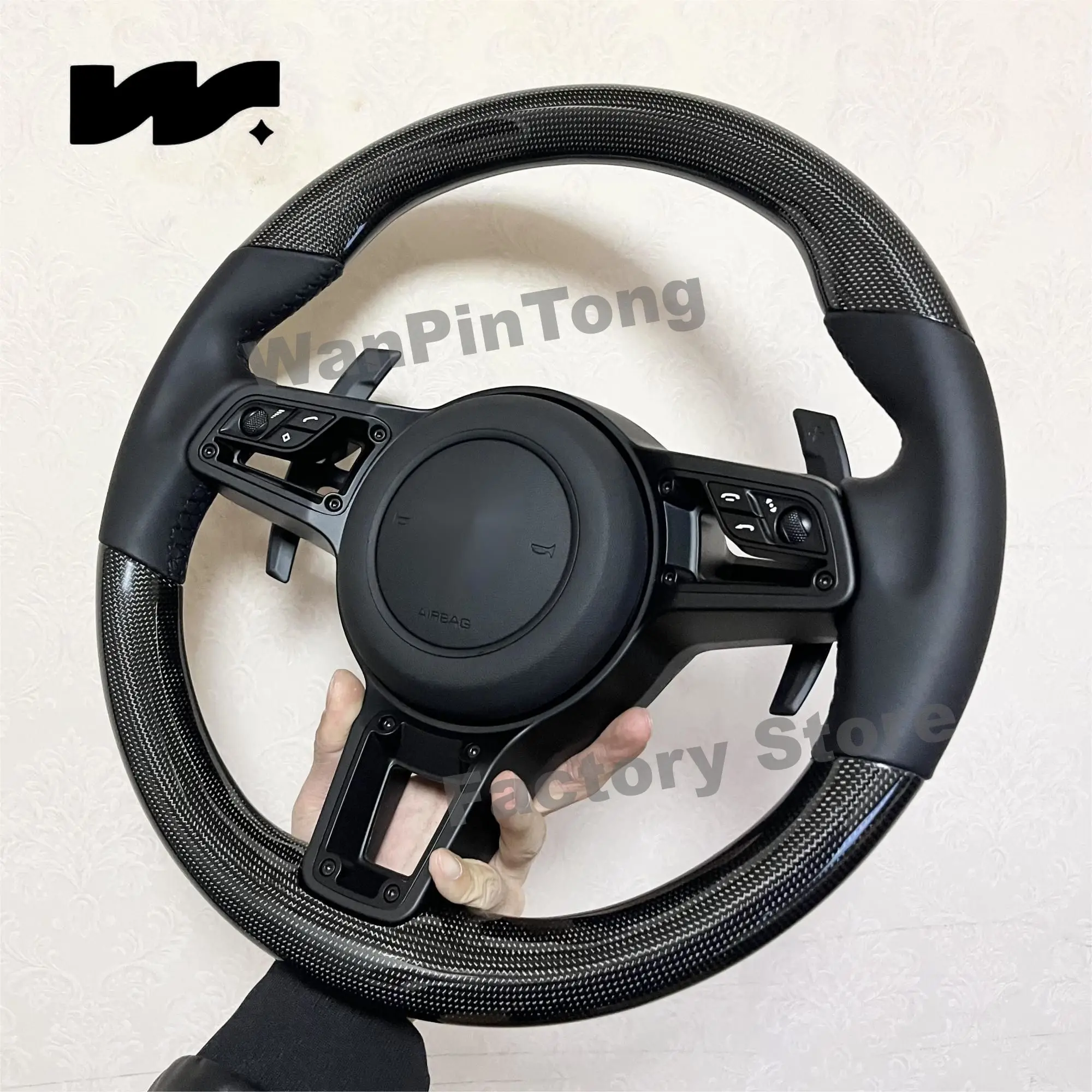 Adecuado para volante de fibra de carbono negro Porsche Cayenne Macan Boxster Cayman Taycan Panamera Carrera 718 991 992 911 GT