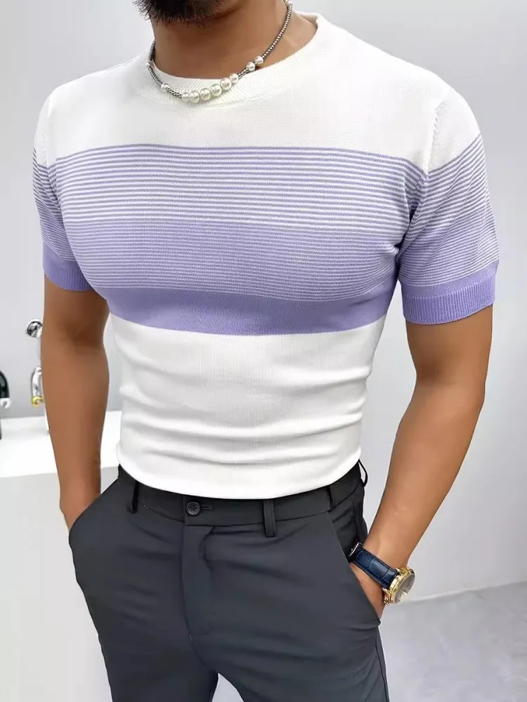 Slim Fit Men 2024 New Summer Short Sleeve Casual T-Shirt Fashion O-Neck Knitted Tops Pullover Tees Elastic Striped T-Shirts Male