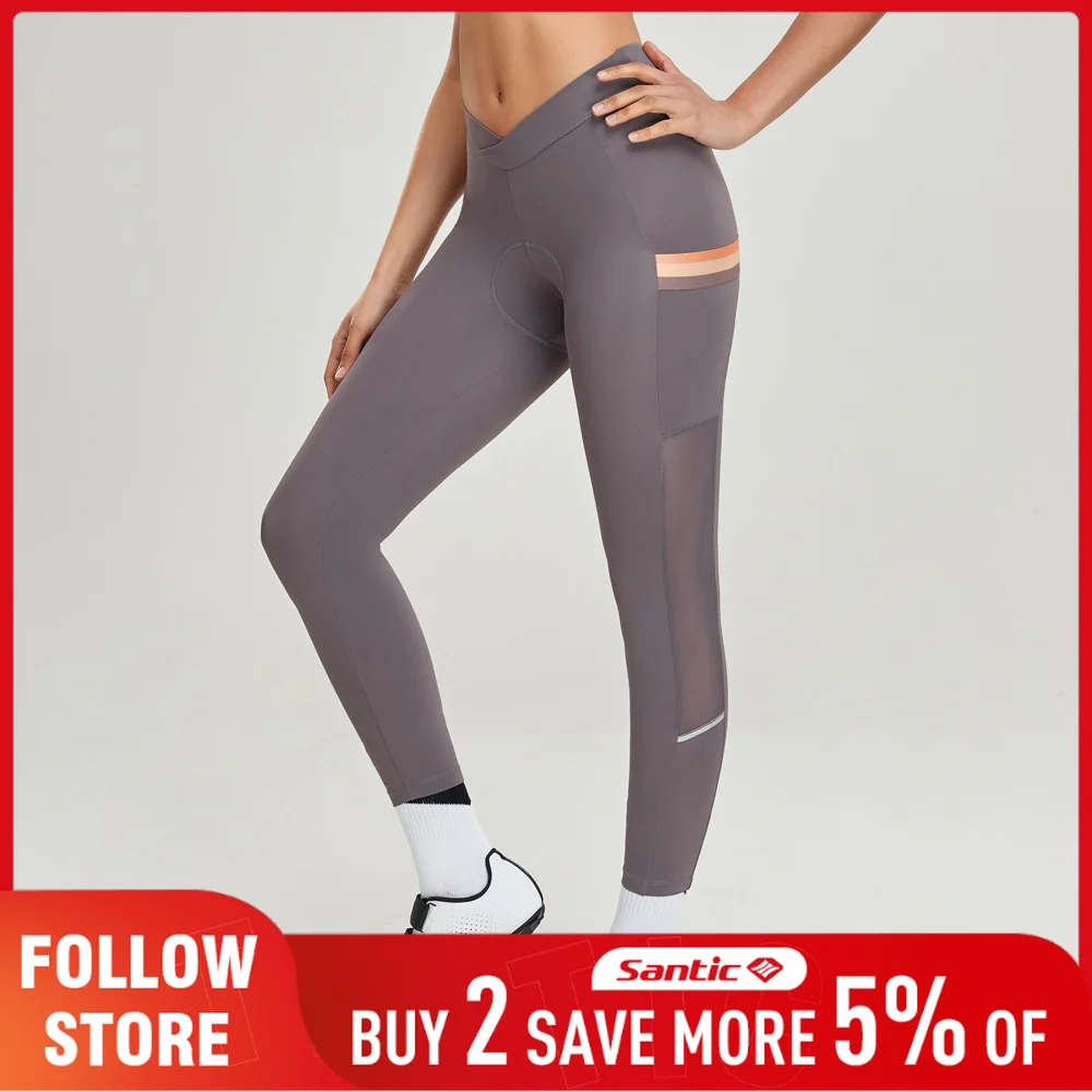 Santic Women's Cycling Long Pants with 4D Padded Breathable Mesh Reflective MTB Biking Tights Bicycle Trousers Sports Leggings