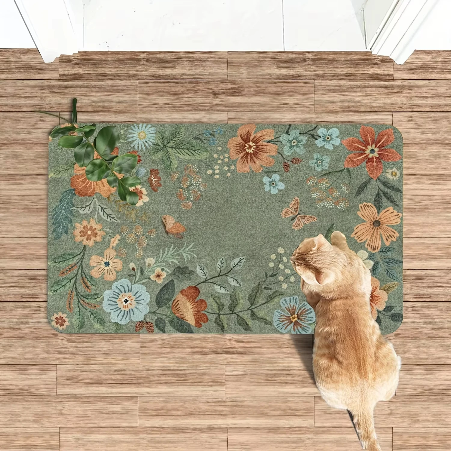 VIKAMA Flannel carpet, soft mat, green floral pattern design, suitable for dining room, living room, bedroom and entrance areas.