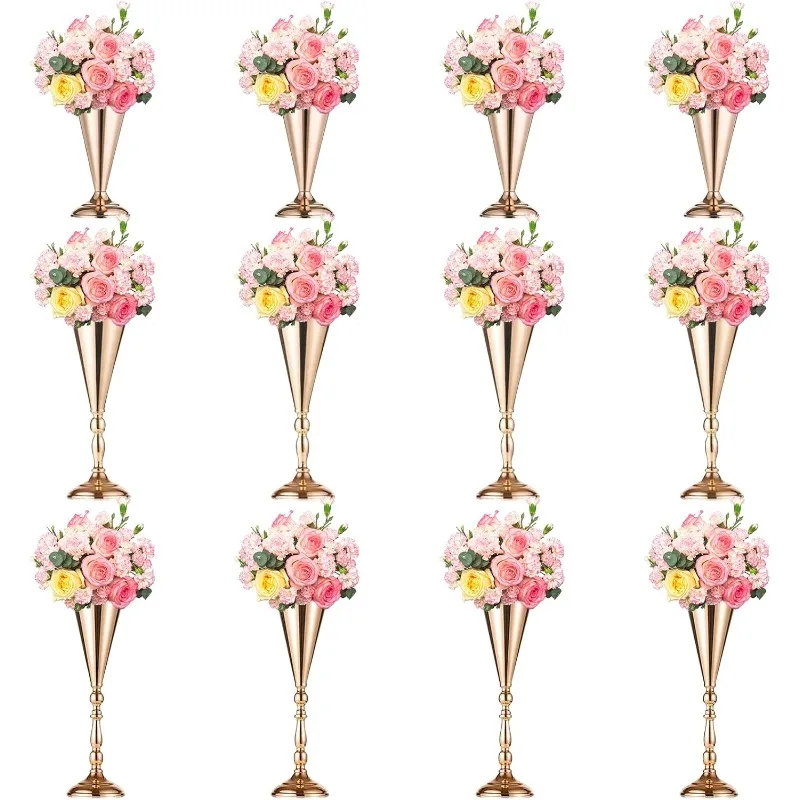 

12 Pcs Flower Trumpet Vases Table Decorative Centerpiece Gold Tall Flower Vases, Metal Wedding Vase Arrangement Flower Stand