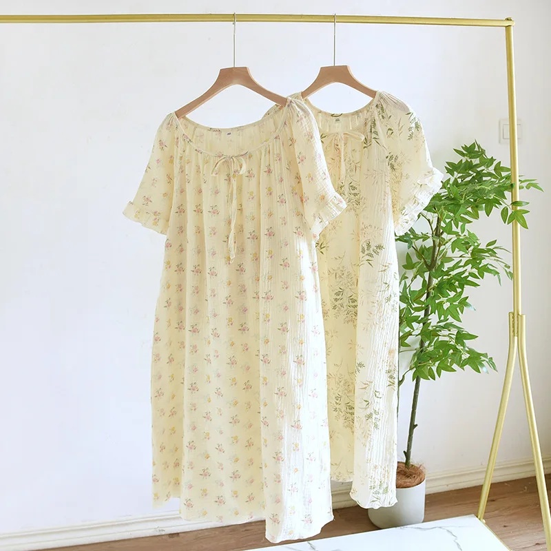 

2025 New Women's Pajama Dress Pure Cotton Crepe Medium Length Elegant Short Sleeve Nightgowns Fragmented Flower Sweet Home Dress