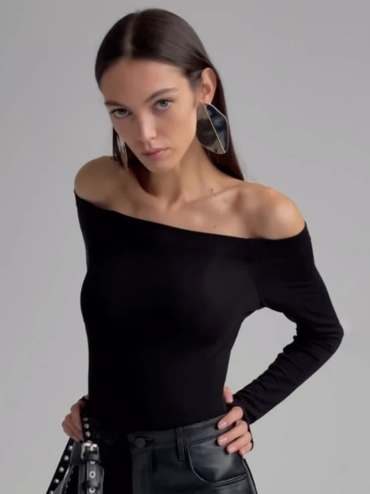 European American Style Autumn Basic Simple Solid Color One Neck Off Shoulder Base T-shirt 2024 New Style Temperament Top Arcane