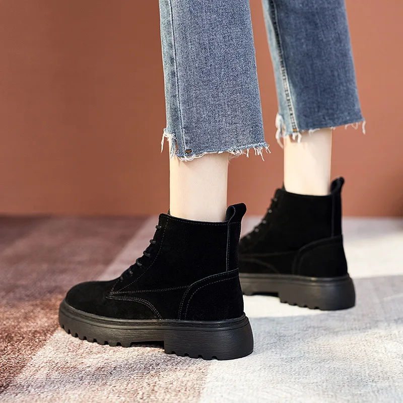 Lace-up Ladies Suede Leather Ankle Boots Black Platform Non-slip Short Boots Ladies Platform Motorcycle Snow Boots