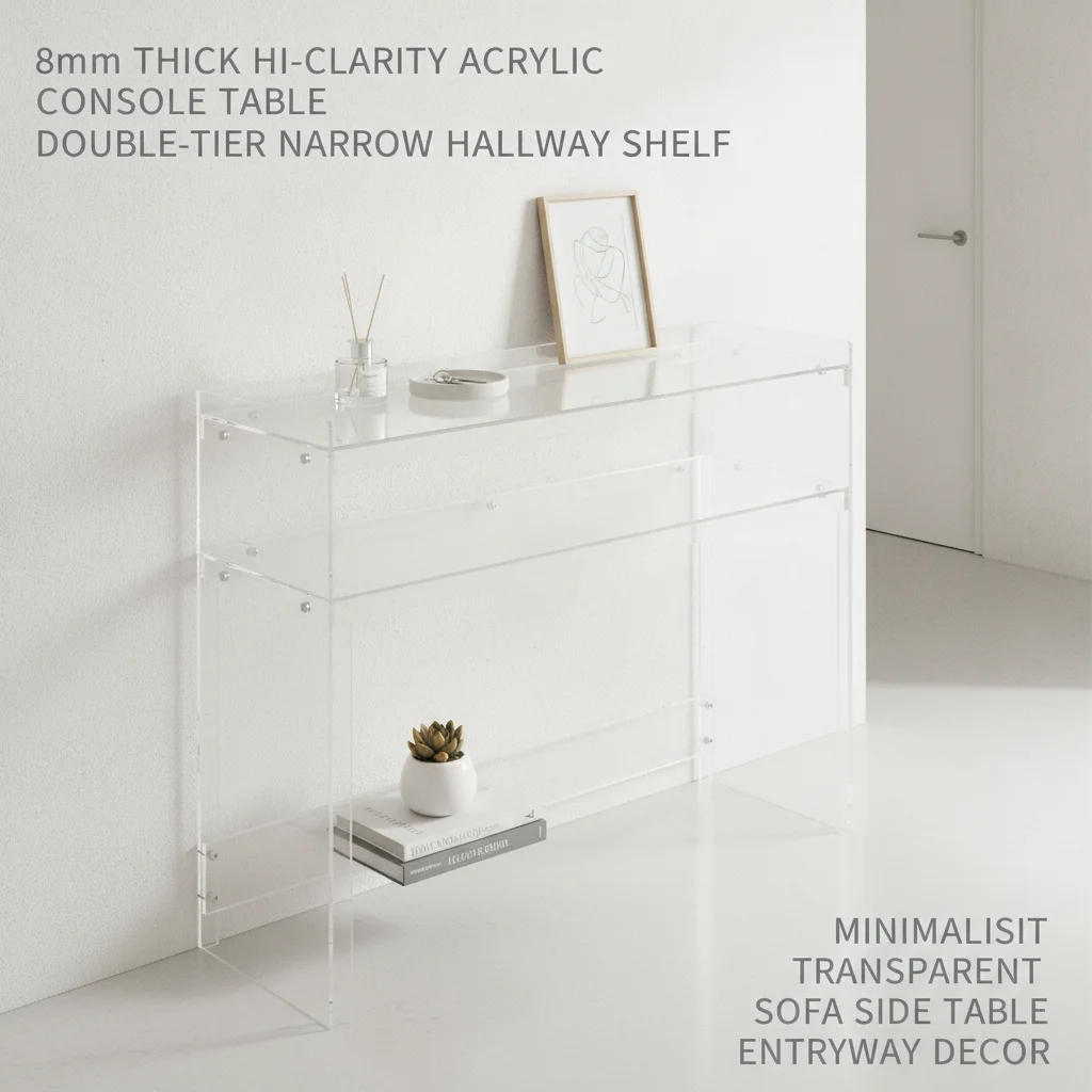Acrylic Console Table with Open Shelves, Small Entryway Display Desk 100x30x80cm, 8mm Thick Transparent Side Table for Hallway Living Room, Modern Minimalist