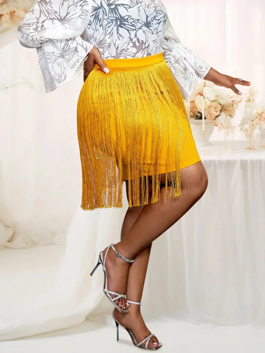 Gold Plus Size Fringe Skirts High Waist Package Hip Sexy Mini Evening Cocktail Party Hem Tassel Skirt for Women 2024 3XL 4XL