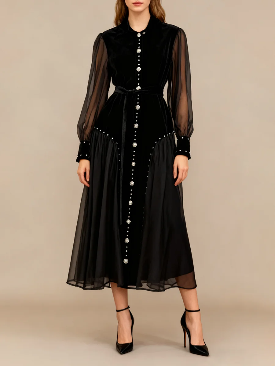 ชุดเดรสออกงานปักเลื่อมลายปะติด VGH ดีไซน์หรูหราสำหรับผู้หญิง คอทรงโอ แขนยาว ผ้าตาข่ายโปร่งแบบต่อชิ้น ความยาวปานกลาง เสื้อผ้าสตรี