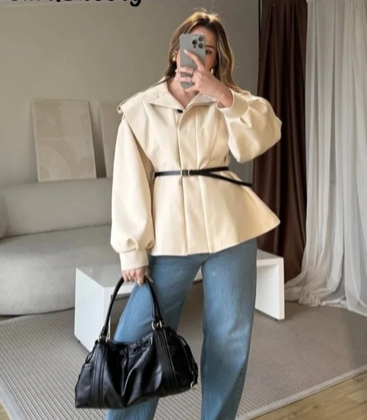 

Уличная женская однобортная куртка с поясом, свободный воротник-стойка, подплечники с длинными рукавами, пальто, осень 202, женские шикарные пальто