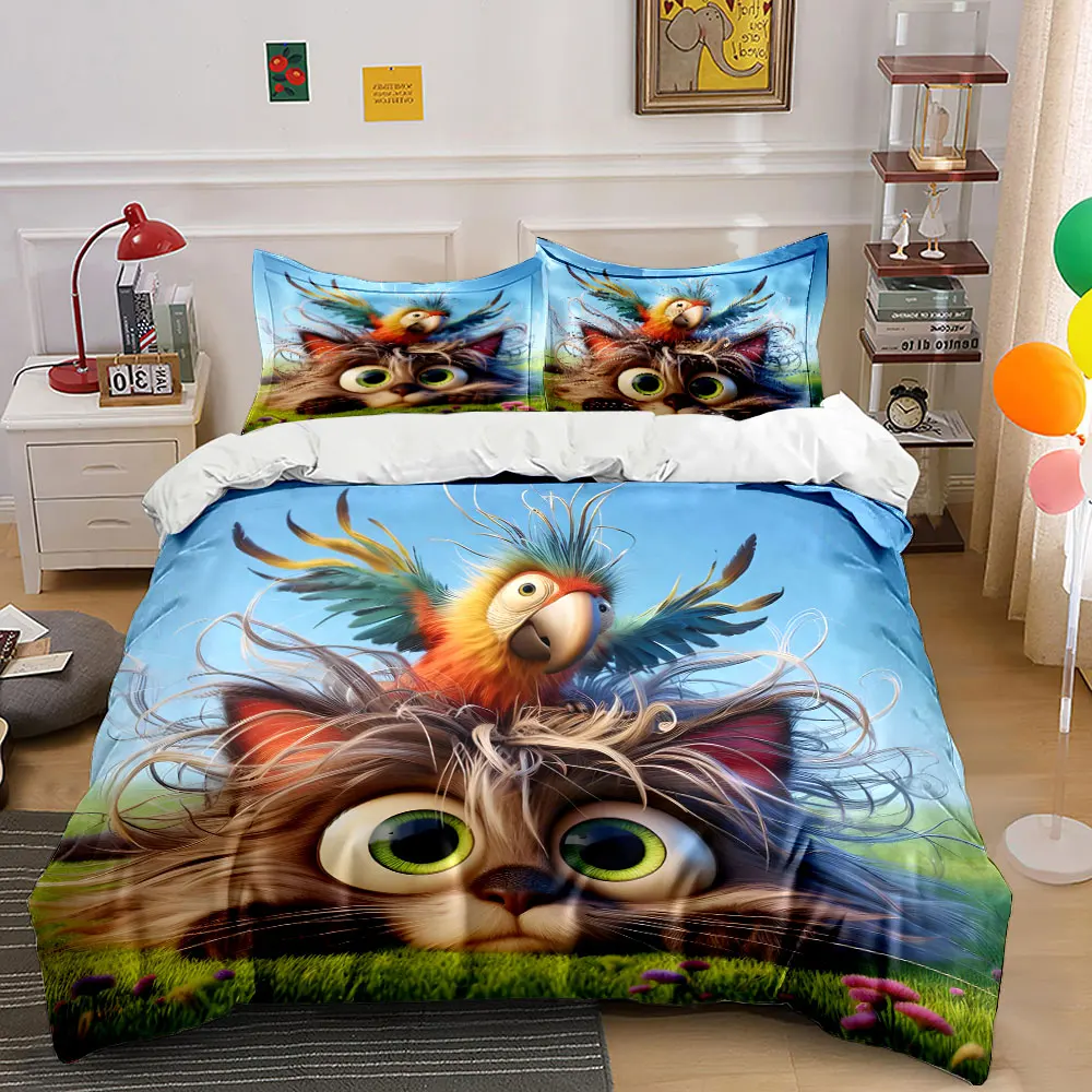 Playful parrot perched on cat Print Bedding Set 1 Duvet Cover 2 Pillowcases for Adult and Children Luxury Gift Full Size