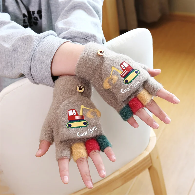 

Cartoon Winter Gloves Kids Half Finger Flip Mittens Outdoor Warm Windproof Children Gloves