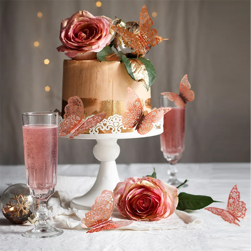 12Pcs Rose Gold Blue 3D Butterfly Wall Stickers Decal for Birthday Wedding Bridal Baby Shower Party Cake DIY Decoration Supplies