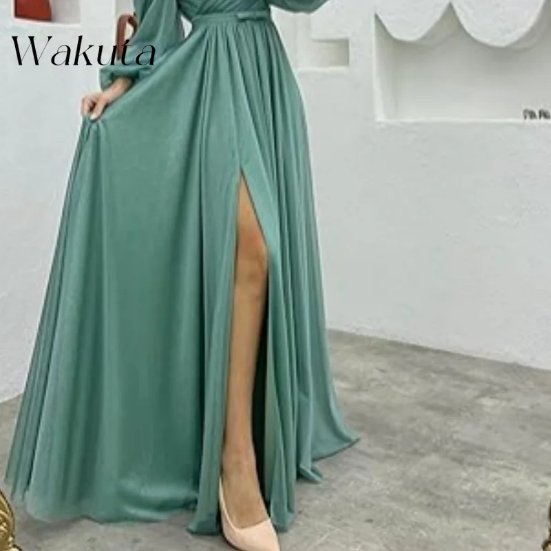 Wakuta Elegant Off Shoulder Long Sleeved Camisole Bridesmaid Dress Fashion Spaghetti Slit Pleated Wedding Birthday Vestidos 2024