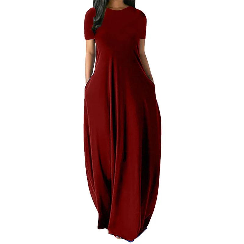 S-5XL Solid Color Oversize O-Neck Pockets Long Dress Casual Short Sleeve High Waist Women Summer Party Daily Travel Maxi Wear