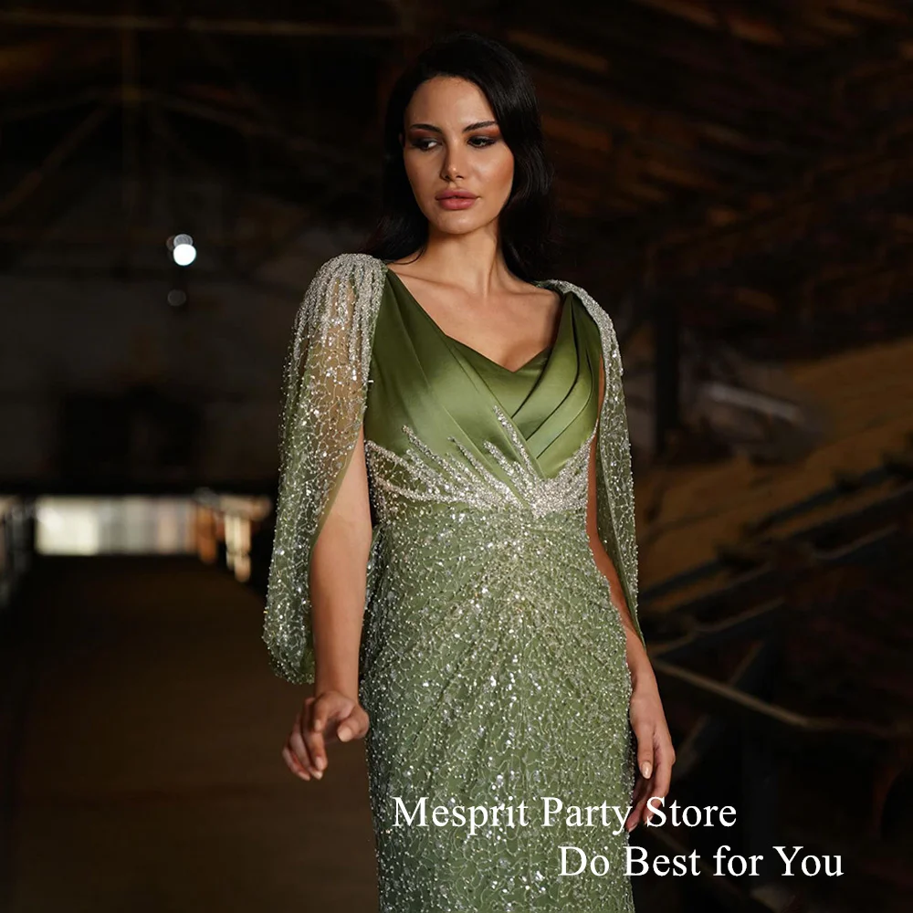 Mesprit Olive Green Mermaid Evening Dress 3/4 Sleeves V Neck Pleat Slit Beading Sequined Special Occasion Dresses Saudi image 2