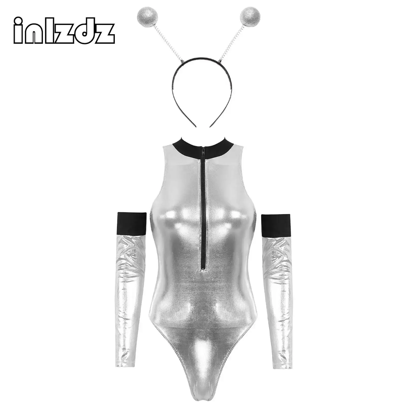 

Womens Halloween Alien Costumes Astronaut Cosplay High Cut Thong Leotard Metallic Shiny Bodysuit with Arm Sleevee Dance Set